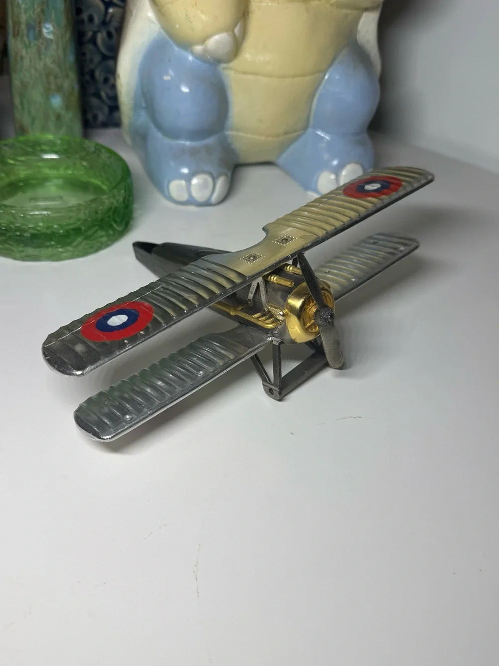 Vintage Japan Metal Die Cast Bi Wing Military Airplane Missing Parts